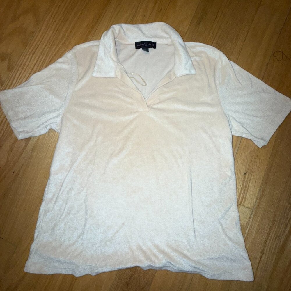 Velvet Orchid Sz Medium Polo Top Light Brown Velour Short Sleeve Collared V Neck